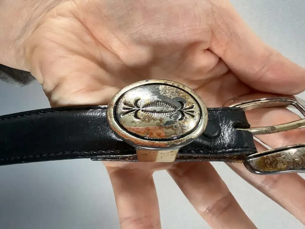 Vintage 1993 Silver Creek Black Leather Western Belt with Concho Buckle and Tip